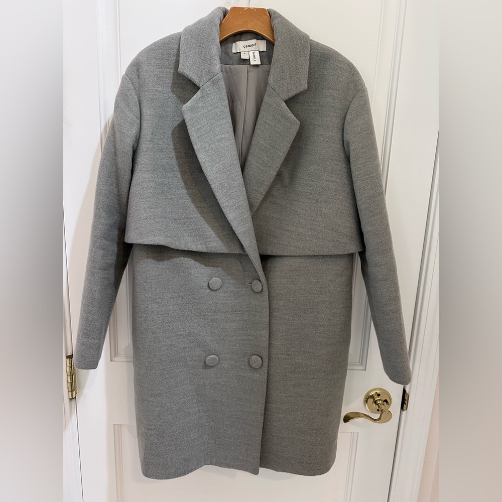 Elegant Gray Cameo Padded Women's Double Breasted Coat